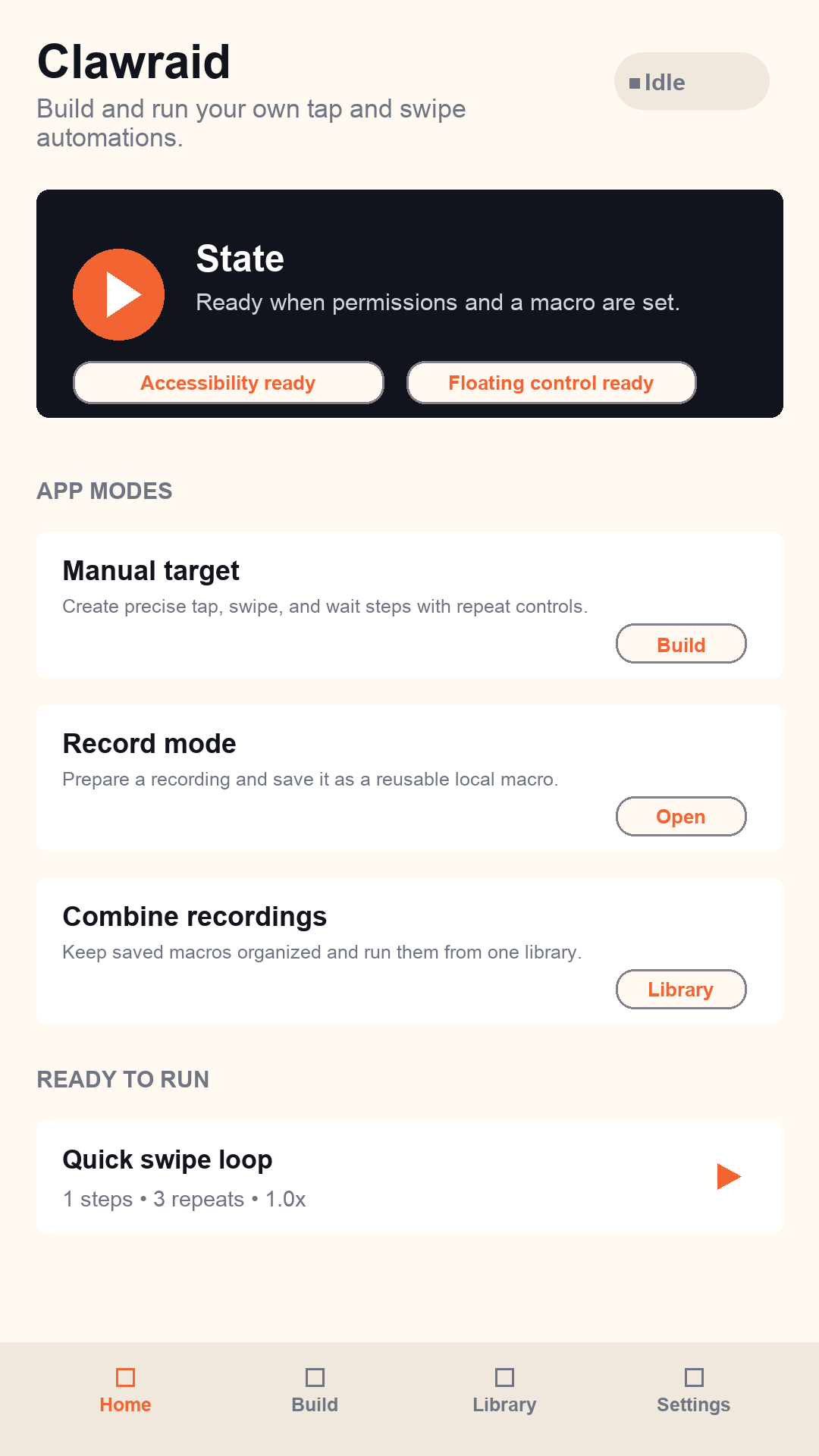 Clawraid home screen showing macro modes and ready state